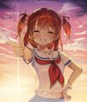  1girl ^_^ bangs blue_sky blurry blurry_foreground blush brown_hair closed_eyes cloud cloudy_sky collarbone depth_of_field eyebrows_visible_through_hair facing_viewer finger_gun grin hair_ornament hair_scrunchie hand_on_hip high_school_fleet midriff_peek minutachi neckerchief ogasawara_hikari outstretched_arm pink_scrunchie red_neckwear sailor_collar school_uniform scrunchie serafuku shirt short_sleeves sky smile solo two_side_up white_sailor_collar white_shirt 