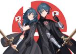  1boy 1girl aequorine armor armored_dress back-to-back blue_hair breasts byleth_(fire_emblem) byleth_(fire_emblem)_(female) byleth_(fire_emblem)_(male) cloak cowboy_shot envelope fire_emblem fire_emblem:_three_houses gauntlets grin letter looking_at_another medium_breasts medium_hair short_hair simple_background smile super_smash_bros. sword_of_the_creator tassel twitter_username vambraces white_background 