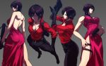  1girl ada_wong bangs banned_artist black_hair bob_cut breasts brown_eyes brown_hair choker cleavage dress gloves gun handgun holster medium_breasts multiple_views pantyhose pistol red_dress resident_evil resident_evil_2 resident_evil_4 resident_evil_6 s_tanly short_hair shoulder_holster solo weapon 