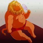  1:1 2012 anthro arufina_w belly bodily_fluids clothing felid humanoid_hands kemono lion male mammal moobs nipples overweight overweight_male pantherine sitting solo sweat underwear 