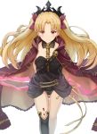  1girl asymmetrical_legwear asymmetrical_sleeves bangs between_breasts black_legwear blonde_hair blush breasts cape closed_mouth detached_collar earrings ereshkigal_(fate/grand_order) fate/grand_order fate_(series) gold_trim highres hoop_earrings infinity jewelry long_hair looking_at_viewer medium_breasts parted_bangs piisu red_cape red_eyes simple_background single_sleeve single_thighhigh skull smile solo spine thighhighs tiara two_side_up white_background 
