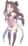  1girl :o bangs bare_shoulders black_panties blade_(galaxist) blush boots brown_hair brown_ribbon collarbone cosplay detached_sleeves dress earrings eyebrows_visible_through_hair fate/grand_order fate_(series) full_body hair_ribbon hands_on_hips ishtar_(fate)_(all) ishtar_(fate/grand_order) jewelry kama_(fate/grand_order) kama_(fate/grand_order)_(cosplay) long_hair long_sleeves looking_at_viewer open_mouth panties parted_bangs purple_dress purple_footwear purple_legwear purple_sleeves red_eyes ribbon see-through simple_background sleeveless sleeveless_dress sleeves_past_wrists solo standing thigh_boots thighhighs two_side_up underwear very_long_hair white_background younger 
