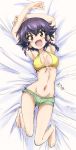  1girl :d arm_grab arms_up artist_name bangs bed_sheet bikini bikini_shorts black_hair braid breasts brown_eyes commentary dated eyebrows_visible_through_hair from_above girls_und_panzer green_bikini_bottom groin highres legs_up looking_at_viewer lying medium_breasts mismatched_bikini navel on_back on_bed open_mouth pepperoni_(girls_und_panzer) robinsonk9999 short_hair shorts side_braid signature sketch smile solo swimsuit yellow_bikini_top 