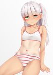  1girl blush closed_mouth eyebrows_visible_through_hair green_eyes hair_ornament hair_ribbon kantai_collection long_hair looking_at_viewer maestrale_(kantai_collection) navel ne_an_ito ribbon silver_hair simple_background smile striped swimsuit tan tanline thighs underwear white_background 