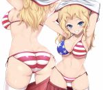  1girl american_flag_bikini arms_up ass ass_visible_through_thighs back bikini blonde_hair blue_eyes blush breasts butt_crack cleavage collarbone commentary_request cowboy_shot fang flag_print from_behind front-tie_bikini front-tie_top girls_und_panzer grin kasai_shin kay_(girls_und_panzer) large_breasts lips long_hair looking_at_viewer multiple_views navel pleated_skirt red_skirt shiny shiny_hair shiny_skin shirt side-tie_bikini simple_background skirt skirt_pull smile string_bikini swimsuit thighhighs underboob undressing white_background white_legwear white_shirt wide_hips 