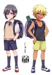  2boys backpack bag bandaid bandaid_on_face bandaid_on_knee blonde_hair collared_shirt fangs hair_between_eyes highres kneehighs looking_at_viewer multiple_boys navy_blue_legwear necktie original purple_eyes randoseru shirt shoes shorts simple_background slit_pupils socks usagigenki uwabaki vest white_background white_shirt yellow_eyes 