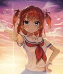  1girl bangs blue_eyes blue_sky blurry blurry_foreground blush brown_hair closed_mouth cloud cloudy_sky collarbone depth_of_field eyebrows_visible_through_hair finger_gun hair_ornament hair_scrunchie hand_on_hip high_school_fleet looking_at_viewer midriff_peek minutachi neckerchief ogasawara_hikari outstretched_arm pink_scrunchie red_neckwear sailor_collar school_uniform scrunchie serafuku shirt short_sleeves sky smile solo two_side_up white_sailor_collar white_shirt 