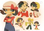  1girl 3boys :d ^_^ black_hair black_pants blonde_hair breasts closed_eyes crossed_arms crystal_(pokemon) emerald_(pokemon) gold_(pokemon) green_eyes grey_eyes hat hat_ribbon kicking long_hair looking_at_another looking_at_viewer medium_hair multiple_boys open_mouth pants pokemon pokemon_special red_ribbon ribbon shorts signature silver_(pokemon) sleeves_past_wrists small_breasts smile tokuura twintails white_headwear yellow_eyes yellow_headwear yellow_shorts 