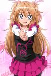  1girl black_legwear blue_eyes eyebrows frilled_skirt frills hair_between_eyes hair_ribbon highres houjou_hibiki long_hair long_sleeves looking_at_viewer manji_(tenketsu) open_mouth orange_hair pantyhose pink_ribbon pink_skirt precure ribbon skirt smile solo suite_precure upper_teeth 