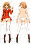  1girl absurdres aika_(series) aika_r-16 ass ass_visible_through_thighs back bangs bare_back bare_shoulders black_neckwear blush boots bow bow_panties braid breast_press breasts brown_footwear brown_hair crotch_seam dakimakura double_vertical_stripe dress eyebrows_visible_through_hair full_body green_eyes high_heel_boots high_heels highres kneepits legs long_sleeves looking_at_viewer looking_back lying medium_breasts multiple_views necktie official_art on_back on_stomach panties parted_lips red_dress scan shirt short_hair shoulder_blades side_braid sideboob single_braid sumeragi_aika thighhighs thighs topless underwear white_legwear white_panties white_shirt yamauchi_noriyasu 