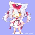  1girl ;d animal_ears azur_lane bangs blush bow brown_eyes cat_ears chibi commentary_request detached_sleeves dress eyebrows_visible_through_hair full_body hair_between_eyes hair_bow kouu_hiyoyo long_hair long_sleeves looking_at_viewer lowres one_eye_closed open_mouth purple_background red_bow sidelocks silver_hair sleeveless sleeveless_dress smile solo standing twintails twitter_username white_dress white_sleeves wide_sleeves yukikaze_(azur_lane) 