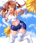  1girl alternate_costume blue_sky blush boots breasts brown_hair cheerleader cloud elbow_gloves eyebrows_visible_through_hair gloves hair_ribbon kagerou_(kantai_collection) kantai_collection long_hair looking_at_viewer navel open_mouth pom_poms purple_eyes ribbon short_shorts shorts sky small_breasts smile solo thigh_boots thighhighs twintails white_gloves zanntetu 