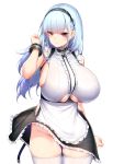  1girl absurdres anchor_choker apron azur_lane bangs bare_shoulders black_hairband breasts chixiao choker closed_mouth dido_(azur_lane) earrings eyebrows_visible_through_hair frilled_apron frilled_choker frills hairband heart heart_earrings highres huge_breasts jewelry large_breasts long_hair looking_at_viewer maid maid_apron no_panties purple_eyes sideboob sidelocks silver_hair simple_background sleeveless solo thigh_gap thighhighs thighs underboob underboob_cutout very_long_hair waist_apron white_apron white_background white_legwear 
