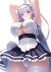  1girl apron armpits arms_up azur_lane bare_arms bare_shoulders black_skirt breasts cowboy_shot cuboon dido_(azur_lane) frilled_skirt frills headdress holding holding_sword holding_weapon large_breasts long_hair looking_at_viewer maid maid_apron miniskirt panties pantyshot pantyshot_(standing) pink_eyes shirt silver_hair simple_background skirt sleeveless sleeveless_shirt solo standing sword thighhighs underboob underboob_cutout underwear waist_apron weapon white_background white_legwear white_panties white_shirt 