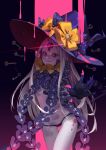  1girl abigail_williams_(fate/grand_order) bangs black_bow black_headwear black_panties bow breasts fate/grand_order fate_(series) forehead glowing glowing_eye grey_hair grin hat key keyhole long_hair looking_at_viewer multiple_bows orange_bow outstretched_arm panties parted_bangs pink_blood pink_eyes polka_dot polka_dot_bow red_eyes revealing_clothes revision skull_print small_breasts smile smile_(mm-l) solo staff thighs third_eye underwear very_long_hair white_skin witch_hat 