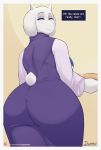  absurd_res anthro big_butt boss_monster bovid butt caprine clothing dialogue doggomeatball dress eyes_closed female goat hi_res looking_at_viewer looking_back mammal simple_background solo toriel undertale video_games wide_hips yellow_background 
