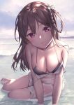  1girl 22/7 backlighting bare_shoulders barefoot beach bikini black_bikini breasts brown_hair cleavage collarbone large_breasts long_hair looking_at_viewer nagareboshi outdoors parted_lips pink_eyes see-through sitting solo swimsuit tachikawa_ayaka water wet wet_clothes yokozuwari 