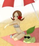  accessory ambiguous_gender beach_blanket beach_umbrella bikini brown_eyes brown_hair chikorita clothed clothing eyewear female feral green_body hair hair_accessory hair_bow hair_ribbon human larger_human leaf looking_aside looking_at_another looking_down lyra_(pok&eacute;mon) mammal nakato nintendo pok&eacute;mon pok&eacute;mon_(species) ribbons size_difference small_tail smaller_feral sunglasses sunscreen swimwear unavailable_at_source video_games 