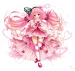  1girl :d absurdres bettle_(b_s_a_n) blush butterfly_hair_ornament dress dress_bow flower_knight_girl full_body gloves hair_ornament hanamomo_(flower_knight_girl) heart heart_hands highres long_hair looking_at_viewer open_mouth pink_dress pink_skirt purple_eyes simple_background skirt smile solo standing standing_on_one_leg thighhighs twintails very_long_hair white_background white_gloves white_legwear 