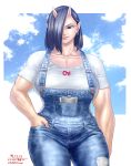  1girl black_hair breasts earrings elf-san_wa_yaserarenai. flask hair_over_one_eye hand_in_pocket highres horns jewelry large_breasts looking_at_viewer muscle muscular_female oga-san overalls pointy_ears red_eyes shirt t-shirt taikyokuturugi white_shirt 