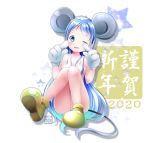  1girl 2020 animal_ears blue_eyes blue_hair blush breasts chinese_zodiac full_body gradient_hair highres kantai_collection kemonomimi_mode long_hair looking_at_viewer mouse_ears mouse_girl mouse_tail multicolored_hair nude one_eye_closed open_mouth samidare_(kantai_collection) sitting small_breasts smile solo star starry_background tail very_long_hair yamaneko_suzume year_of_the_rat 
