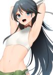  1girl :d armpits arms_behind_head black_hair blue_eyes eyebrows_visible_through_hair hair_ribbon highres kantai_collection katsuragi_(kantai_collection) long_hair mizuki_eiru_(akagi_kurage) navel open_mouth ponytail ribbon simple_background sleeveless smile solo upper_body white_background white_ribbon 