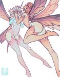  2girls ass bare_shoulders blue_eyes boots covered_navel fairy fairy_wings feo_ul final_fantasy final_fantasy_xiv holding_hands messy_hair multiple_girls off_shoulder orange_hair pointy_ears thigh_boots thighhighs thighs whispwill white_hair wings 
