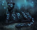  2020 4_toes 5:4 ambiguous_gender black_body black_fur black_nose blue_eyes blue_spots claws detailed_background digital_media_(artwork) felid feral fur grass hi_res jademerien mammal night outside pantherine sky solo spots spotted_body spotted_fur star starry_sky toes 