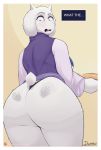  absurd_res anthro big_butt boss_monster bovid butt caprine clothing dialogue disembodied_hand doggomeatball dress eyes_closed female goat hi_res looking_at_viewer looking_back mammal panties patreon_logo red_eyes simple_background solo text thick_thighs toriel undertale underwear url video_games wide_eyed wide_hips yellow_background 