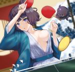  1girl ball bird blurry blurry_background breasts concentrating fate/grand_order fate_(series) fine_art_parody japanese_clothes kanagawa_okinami_ura katsushika_hokusai_(fate/grand_order) kimono medium_breasts no_bra octopus paddle parody purple_eyes shirt_slip short_hair table_tennis_ball table_tennis_net table_tennis_paddle tokitarou_(fate/grand_order) tsuchifumazu updo yukata 