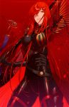  1girl armor armored_boots asymmetrical_bangs bangs belt black_gloves boots breasts cape chain collar collared_cape commentary_request fate/grand_order fate_(series) gloves hair_over_one_eye hand_on_hip high_collar holding holding_sword holding_weapon katana large_breasts looking_at_viewer oda_nobunaga_(fate)_(all) oda_nobunaga_(maou_avenger)_(fate) parted_lips red_background red_cape red_eyes red_hair revision shoes simple_background solo standing sujiko_(125motimoti) sword weapon 
