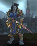  2019 4_toes armor black_hair blizzard_entertainment canid canine claws digitigrade female hair hi_res looking_at_viewer mammal melee_weapon richard_foley solo sword toes video_games warcraft weapon were werecanid werecanine worgen 