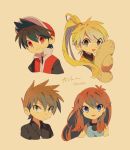  2boys 2girls :d bangs baseball_cap black_hair black_shirt blonde_hair blue_eyes blue_shirt breasts brown_eyes brown_hair collared_shirt face green_eyes hat highres long_hair multiple_boys multiple_girls ookido_green open_mouth pokemon pokemon_special red_(pokemon) red_eyes shirt sidelocks signature simple_background small_breasts smile spiked_hair straw_hat tied_hair tokuura translated yellow_(pokemon) 