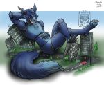  2020 anthro blue_body blue_fur day detailed_background digital_media_(artwork) drerika fur machine male outside robot sky solo 