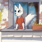  1:1 anthro arctic_fox balcony black_nose blue_eyes canid canine cheek_tuft clothed clothing detailed_background disney enginetrap facial_tuft female fox fur glass head_tuft hi_res light lighting mammal neck_tuft outside plant potted_plant shirt skye_(zootopia) smile solo sunlight t-shirt topwear tuft white_body white_fur window zootopia 