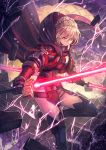  1girl armor armored_boots artoria_pendragon_(all) bangs black_coat black_gloves blonde_hair blue_footwear blurry boots braid breastplate closed_mouth cloud cloudy_sky coat commentary_request cracked_floor depth_of_field destruction double-blade dual_wielding electricity energy_sword excalibur expressionless fate/grand_order fate_(series) french_braid gloves glowing glowing_sword glowing_weapon hair_between_eyes hair_bun highres holding holding_sword holding_weapon hood hooded_coat kuroi_susumu leg_up lightsaber looking_at_viewer multicolored multicolored_eyes mysterious_heroine_x_(alter) open_clothes open_coat outdoors red_eyes revision shiny shiny_hair short_hair sidelocks sky solo stone sword thigh_boots thighhighs weapon wind yellow_eyes 