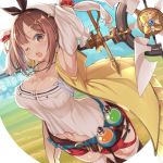  1girl arms_up atelier_(series) atelier_ryza bangs belt blue_belt blush breasts brown_belt brown_eyes brown_hair chihaya_72 cleavage flask hair_ornament hairclip hat highres jacket jewelry large_breasts leather_belt looking_at_viewer navel necklace one_eye_closed open_mouth red_shorts reisalin_stout round-bottom_flask short_hair short_shorts shorts sleeveless sleeveless_jacket solo star star_necklace tears thighhighs upper_body upper_teeth vial white_headwear yellow_jacket 