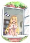  1girl :d ^_^ animal bangs blonde_hair blush brick_wall brown_dress closed_eyes collared_dress commentary_request dress elf eyebrows_visible_through_hair hair_between_eyes hair_intakes hololive kintsuba_(flare_channel) long_hair neck_ribbon open_mouth open_window panda pink_ribbon pointy_ears ribbon shiranui_flare shiun short_sleeves shoulder_cutout smile solo upper_teeth very_long_hair virtual_youtuber window 