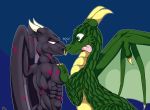  4_fingers abs ambiguous_gender anthro blue_background boop dragon duo facial_piercing feral fingers green_body green_eyes green_scales greeny_(odisaodi) hi_res horn kynikos male muscular muscular_male nose_piercing piercing scales scar simple_background tinydevilhorns tongue tongue_out wings 