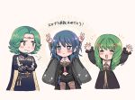  1boy 2girls armor arms_up beard black_shorts blue_eyes blue_hair brother_and_sister byleth_(fire_emblem) byleth_(fire_emblem)_(female) closed_eyes closed_mouth crossed_arms dagger facial_hair fire_emblem fire_emblem:_three_houses flayn_(fire_emblem) garreg_mach_monastery_uniform green_eyes green_hair hair_ornament highres jinno_shigure long_hair long_sleeves medium_hair multiple_girls navel_cutout open_mouth pantyhose seteth_(fire_emblem) sheath sheathed short_hair shorts siblings simple_background uniform weapon white_background 