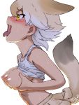 absurd_res animal_humanoid anime blush bodily_fluids bottomwear breasts brown_body brown_fur canid canid_humanoid canine canine_humanoid clothing coyote_(kemono_friends) coyote_humanoid female fluffy fluffy_tail fur hair half-length_portrait hand_on_breast hi_res humanoid kemono_friends mammal mammal_humanoid multicolored_hair nipples open_mouth portrait saliva shirt simple_background skirt solo tank_top tongue tongue_out topwear white_background white_hair yellow_eyes zousankenzen 