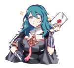  1girl armor blue_eyes blue_hair byleth_(fire_emblem) byleth_(fire_emblem)_(female) closed_mouth envelope fire_emblem fire_emblem:_three_houses graysheartart holding medium_hair one_eye_closed simple_background smile solo twitter_username upper_body white_background 