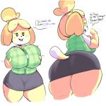  1:1 animal_crossing anthro big_breasts big_butt bottomwear breasts butt canid canine canis clothed clothing curvy_figure domestic_dog elchilenito english_text female fur half-closed_eyes hi_res holding_breast isabelle_(animal_crossing) looking_at_viewer mammal narrowed_eyes nintendo rear_view seductive shih_tzu skirt solo speech_bubble text thick_thighs tight_clothing toy_dog video_games voluptuous wide_hips yellow_body yellow_fur 