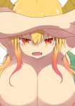  1girl absurdres arms_up bangs bent_over blonde_hair breasts cleavage collarbone cool-kyou_shinja crossed_arms dragon_girl dragon_horns dragon_tail eyebrows_visible_through_hair fangs gradient_hair hair_between_eyes hanging_breasts highres horns huge_breasts kobayashi-san_chi_no_maidragon long_hair looking_at_viewer multicolored_hair nude open_mouth orange_hair out-of-frame_censoring pink_hair red_eyes shiny shiny_hair shiny_skin sidelocks simple_background slit_pupils solo tail tongue tooru_(maidragon) white_background wide_hips 