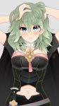  1girl armor arms_up byleth_(fire_emblem) byleth_(fire_emblem)_(female) cape dagger fire_emblem fire_emblem:_three_houses green_eyes green_hair hands_in_hair highres louis_lloyd-judson medium_hair navel navel_cutout sheath sheathed simple_background solo upper_body weapon 
