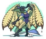  4_fingers absurd_res anthro blue_body blue_scales breasts capcom claws clothed clothing female fingers flying_wyvern hi_res holding_microphone holding_object legiana looking_at_viewer megawolf77 microphone monster_hunter open_mouth orange_eyes scales solo teeth tongue video_games wings yellow_sclera 