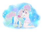  1girl brush commentary_request creature creature_and_personification galarian_form galarian_ponyta gen_8_pokemon hair_brushing highres holding holding_brush horn huiyuan kneeling mane personification pink_hair pokemon_(creature) short_hair signature unicorn 