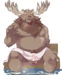  2020 anthro balls belly blush capreoline cervid eyes_closed flaccid genitals humanoid_hands humanoid_penis iwano.kal_(artist) kemono male mammal moobs navel nipples overweight overweight_male penis pubes reindeer sitting solo towel water 