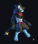  3_toes 4_fingers absurd_res anthro black_background blue_body blue_fur clothed clothing fingers fur hi_res looking_at_viewer luxray megawolf77 nintendo pok&eacute;mon pok&eacute;mon_(species) simple_background solo toes video_games white_clothing 