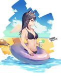  1girl absurdres animal_ears arknights bangs bare_arms bare_shoulders beach beach_umbrella bikini black_bikini black_hair blue_sky breasts brown_eyes character_name chinese_commentary cloud commentary_request cowboy_shot cup dated day drinking_glass drinking_straw food food_in_mouth from_side front-tie_bikini front-tie_top highres holding holding_cup innertube lime_slice long_hair medium_breasts mirwind_x mouth_hold navel outdoors pocky profile sidelocks sky solo standing stomach swimsuit texas_(arknights) umbrella wading water wolf_ears 